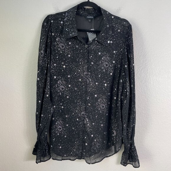 NEW Torrid Women Plus 2X Celestial Stars Button Up Shirt Chiffon Blouse Metallic - Picture 13 of 13